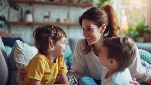 Mother talking with children