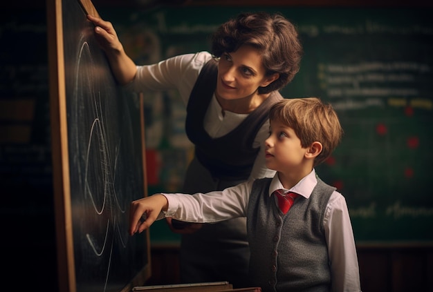 mother teaches child to write on the blackboard