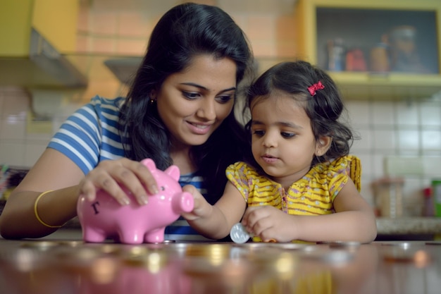 Photo mother teaching daughter savings at home