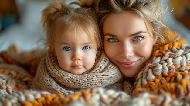 Photo mother teaching her child to knit a scarf