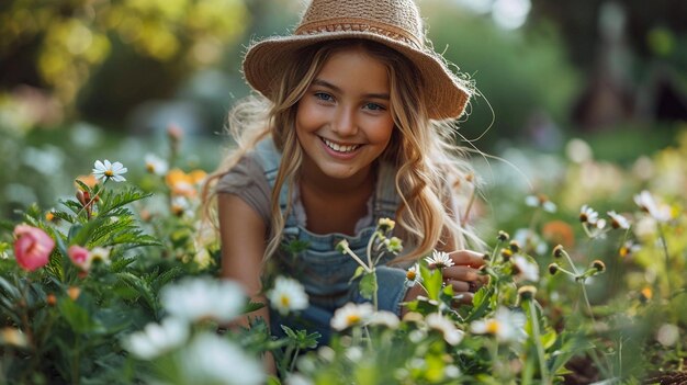 子供に庭に花を植えるように教える母親