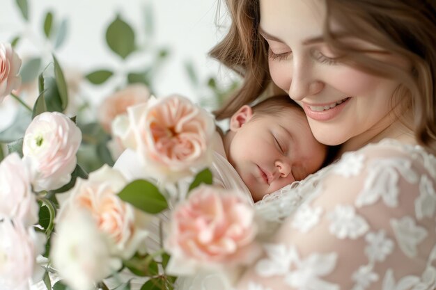 写真 前景の背景には柔らかいピンクのバラが描かれている新生児を優しく抱きしめる母親