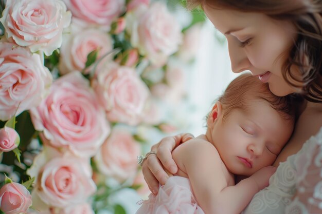 写真 前景の背景には柔らかいピンクのバラが描かれている新生児を優しく抱きしめる母親