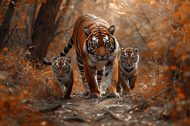 A mother tiger leading her cubs through the forest generative ai