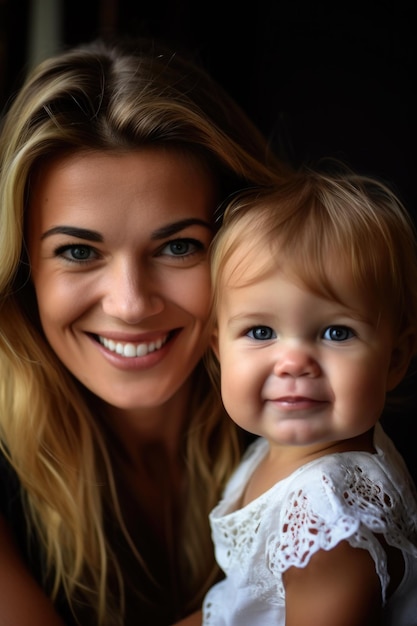 Mother and toddler daughter smiling at the camera created with generative ai