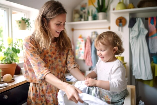 Photo mother and toddler enjoying laundry time