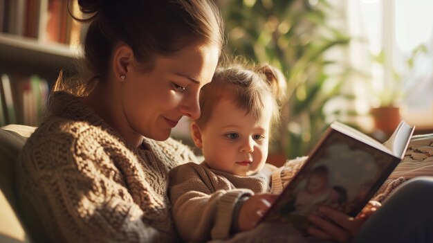 Foto madre e bambino che leggono un libro insieme