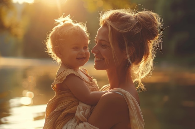 Photo mother and toddler under the sunset