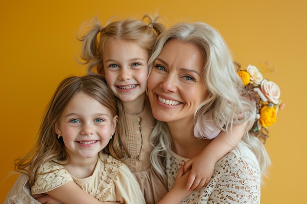 a mother and two children pose for a photo with a woman and a girl