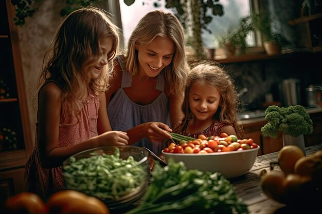 A mother and two children prepare a meal in a kitchen.