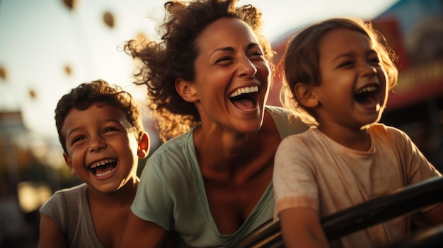 Mother and two children ride a roller coaster in an amusement park or state fair Experience excitement happiness laughter