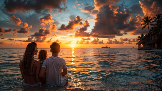 Mother and two daughters relax in the infinity pool at sunset Family vacation at Maldives