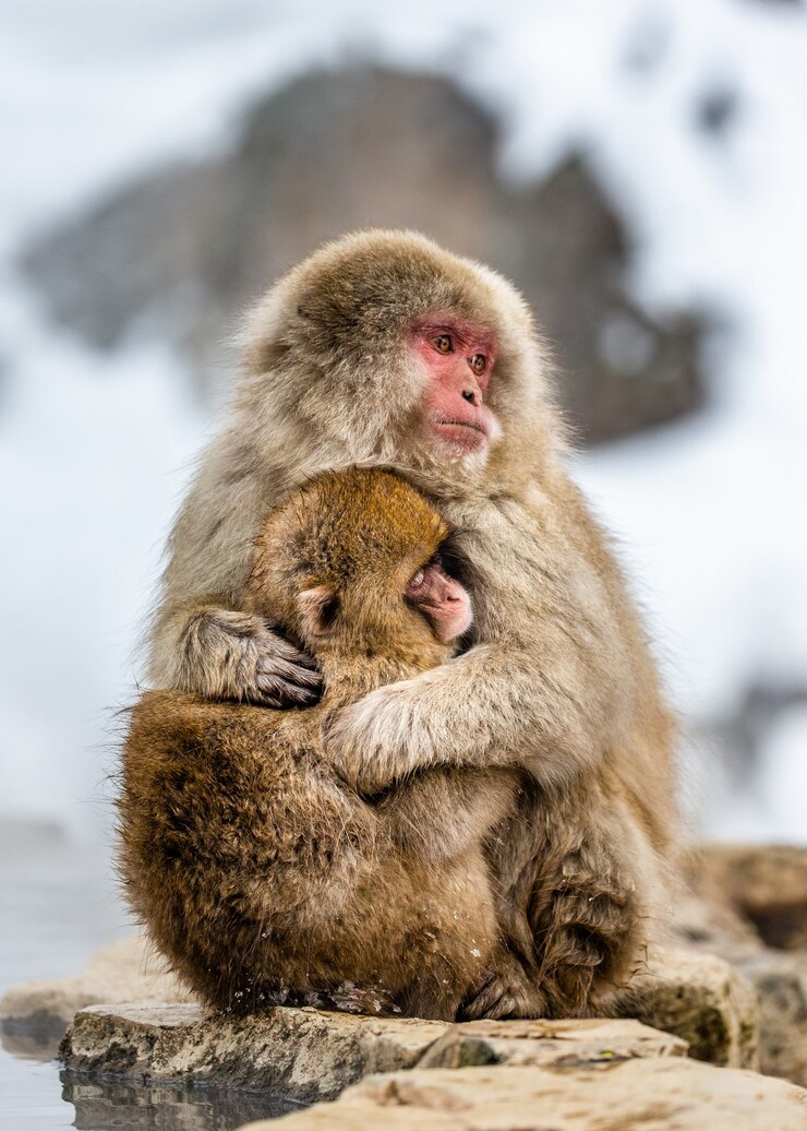 Photo mother with a baby japanese macaque sitting on the stone