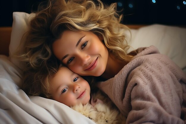 Foto madre con il bambino sdraiato sul letto