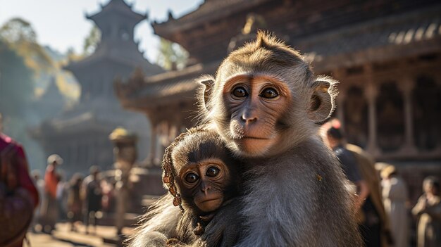 Photo mother with baby monkey