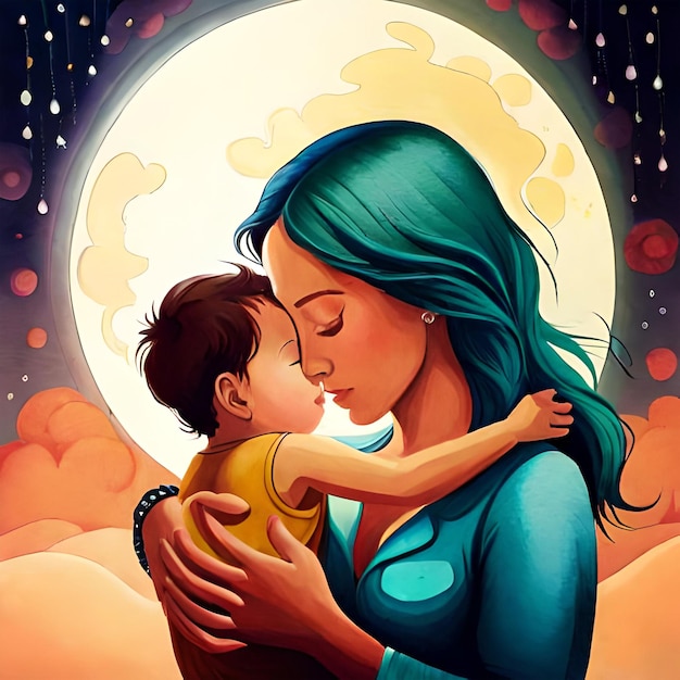 Mother with a child in her arms painted with multicolored paints