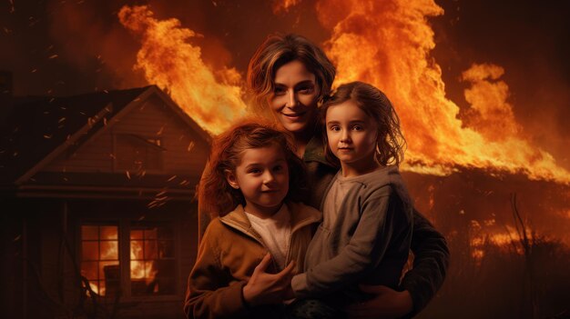 Mother with children in burning house AI generated image