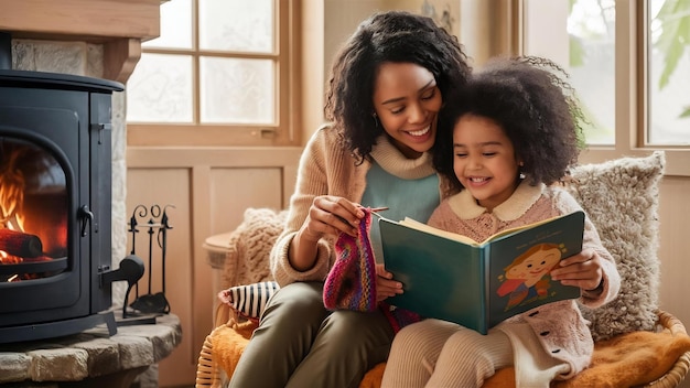 Mother with cute daughter at home near fireplace