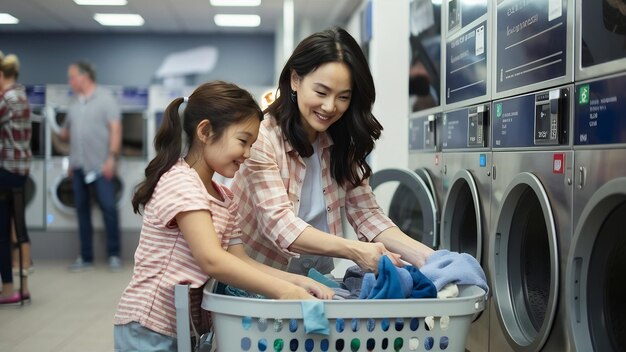 Photo mother with daughter doing laundry at self serviece laundrette