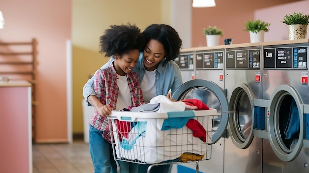 Photo mother with daughter doing laundry at self serviece laundrette