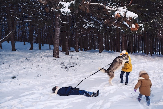 Мать с дочерью и сыном весело играют с собакой в зимнем парке Концепция активного времяпрепровождения зимой