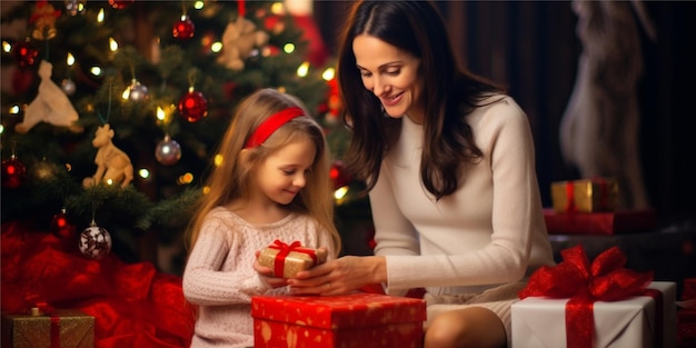 mother with daughter unboxing gift