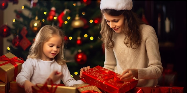 mother with daughter unboxing gift