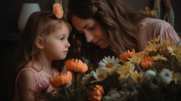 Мать с цветами от дочери