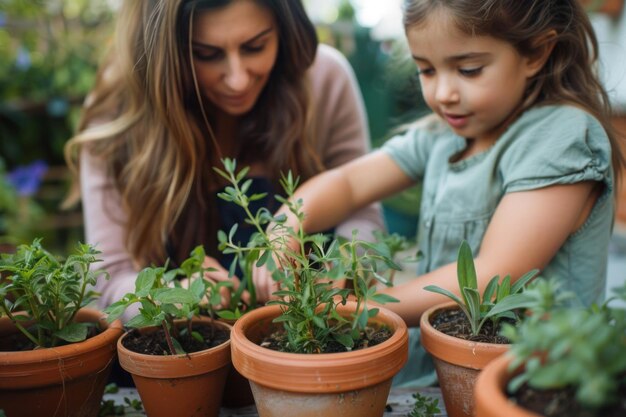 裏庭でハーブを植える女の子との母