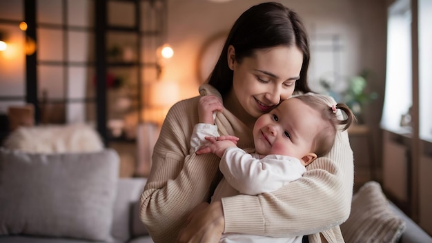 Mother with her baby girl at home