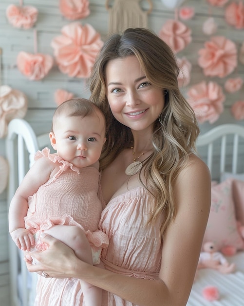 Photo a mother with her baby in pastel coral background