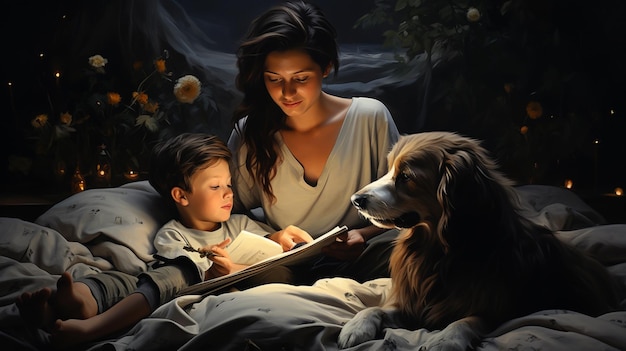 A mother with her baby son and their dog playing on the bed