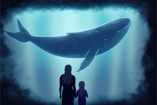 子供を持つ母 夜空を飛んでいる青い光でクジラを見ている母と娘 デジタルアートスタイルのイラスト絵画