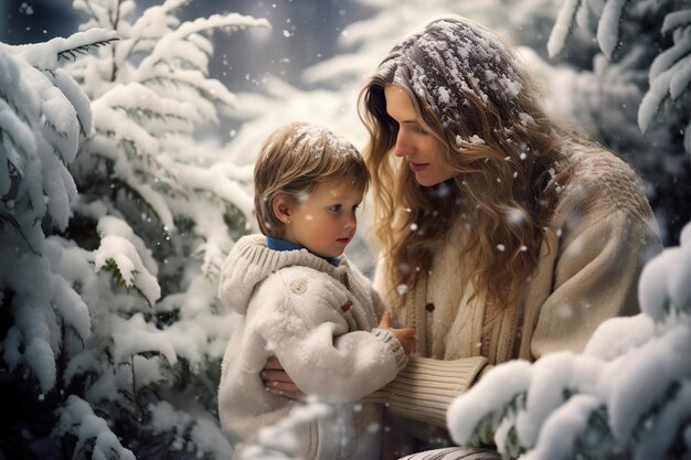 겨울 에 눈 속 에 있는 소나무 근처 에 있는 자녀 와 함께 있는 어머니