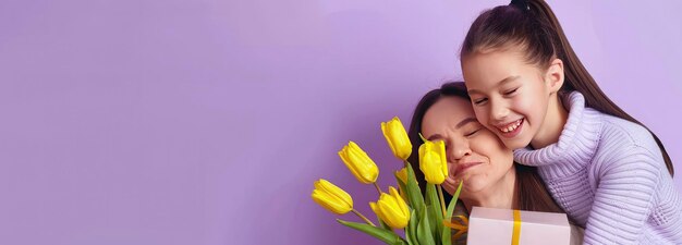 Mother with her child yellow tulips and gift box