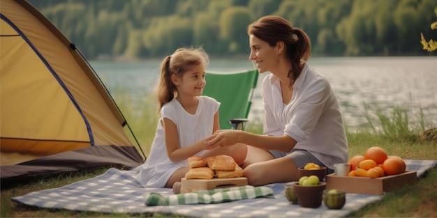娘とピクニックをする母親