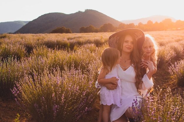 Mother with her daughters at the lavender field