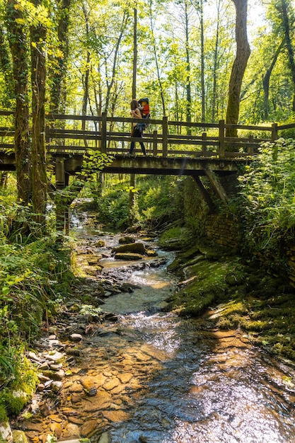 A mother with her son in her backpack crossing a wooden bridge in the Pagoeta park in Aia Guipuzcoa Basque Country