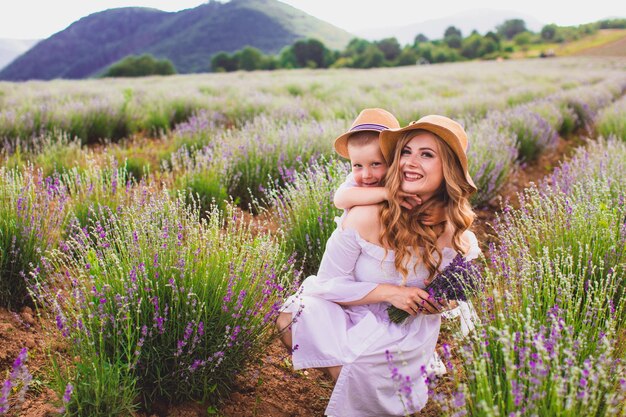 Mother with her son at the lavender field