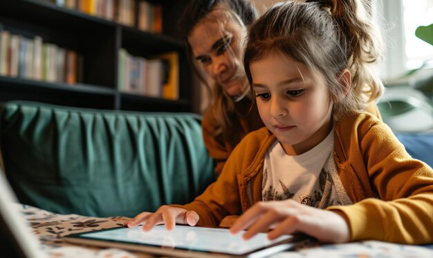 Photo mother with her two daughters using the computer