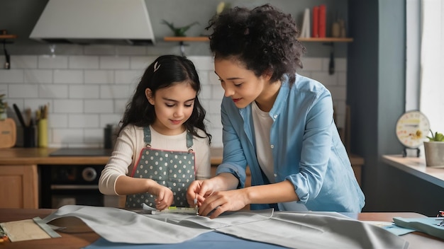 Mother with little daughter measure the fabric for sewing
