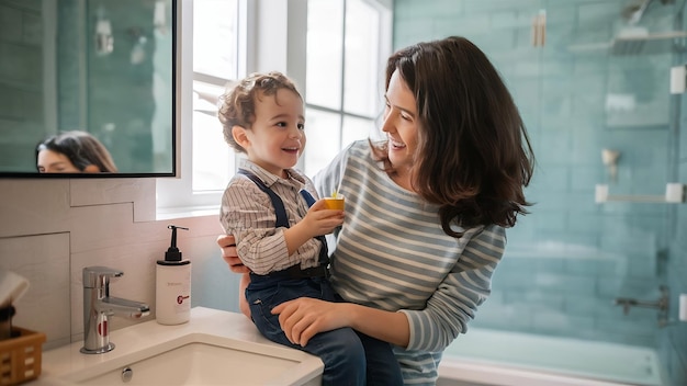 Mother with little son in a bathroom