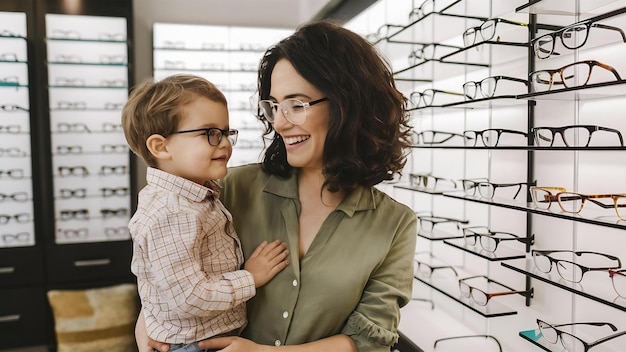 Mother with little son in the glasses store