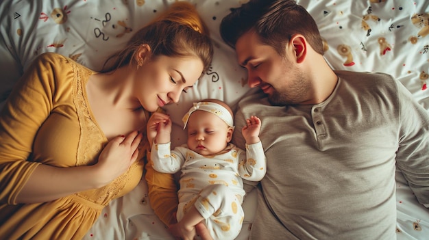 mother with newborn baby sleeping on bed in bedroom