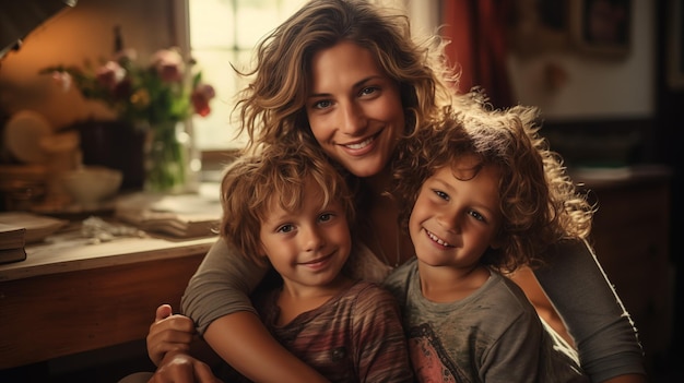 A mother with a radiant smile warmly embraces her two sons their curly locks highlighted