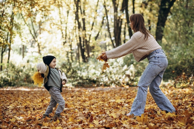葉で遊ぶ秋の公園で楽しんでいる息子を持つ母