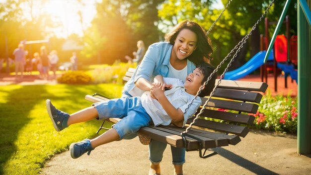 写真 母と息子が夏の公園で遊んでいる