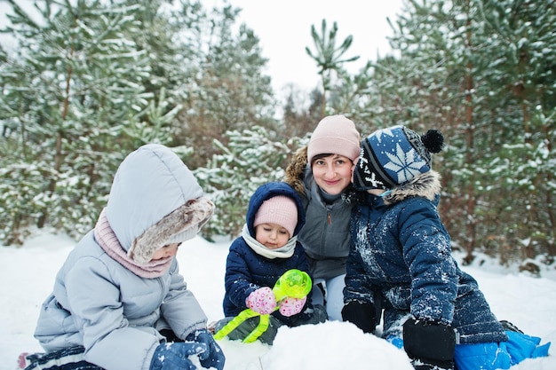 冬の自然の中で3人の子供を持つ母。雪の中で屋外。