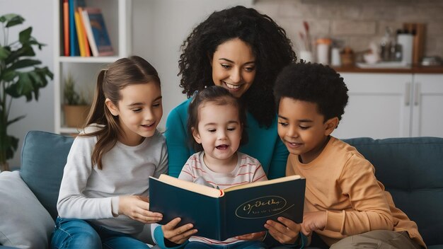 Mother with three children reading a book in a homely atmosphere