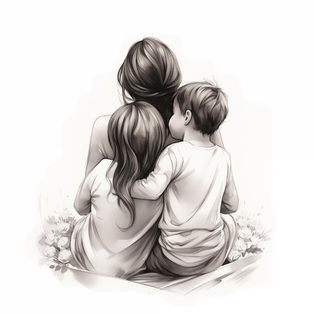 Mother with Two Children hug black and White White background romantic